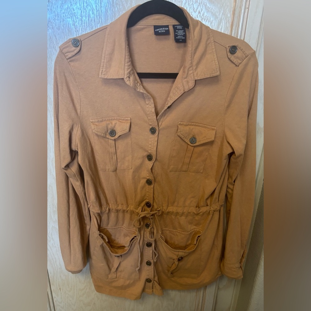 Canyon River Blues Women Sz L Button Up Front Pockets Drawstring Waist Sweater